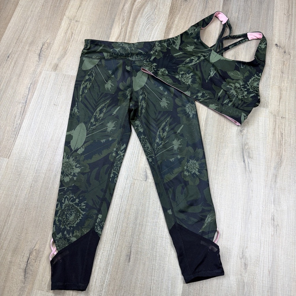 Old Navy Active Floral Leggings & Sports Bra Set L‎ Green Pink Mesh Crop Workout